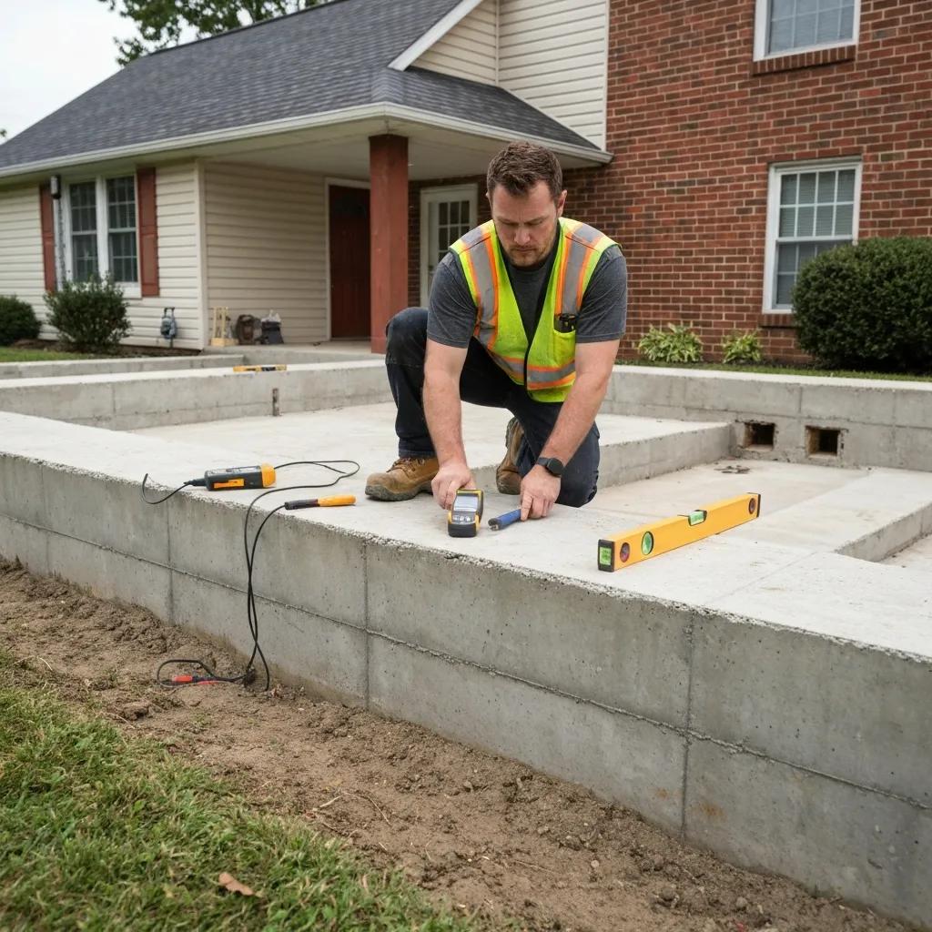 Foundation repair technician inspecting a residential foundation in Elizabethtown, emphasizing local expertise and soil conditions